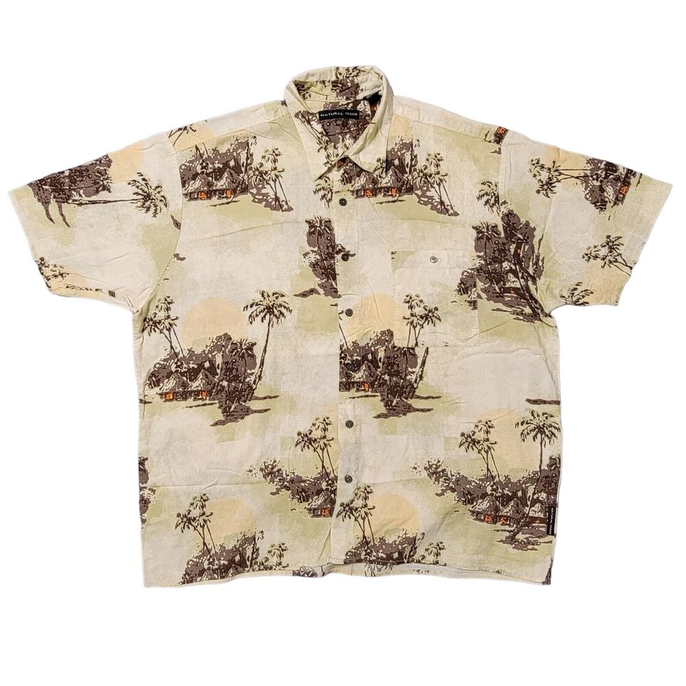 Natural Issue Hawaiian‎ Shirt Mens Sz XL Yellow Brown Beach Palm Trees Cruise